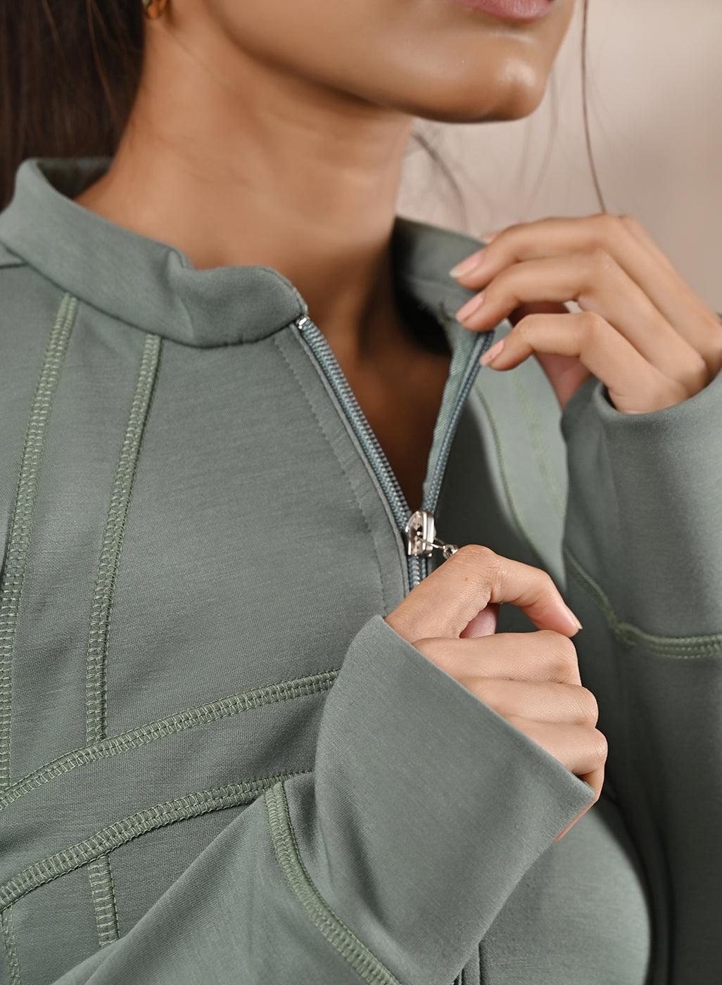 Green Long-sleeve Jacket with Decorative Cuts - Lakshita