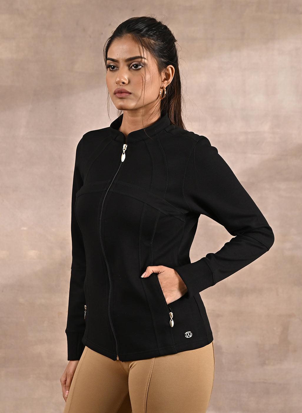 Black Long-sleeve Jacket with Decorative Cuts - Lakshita