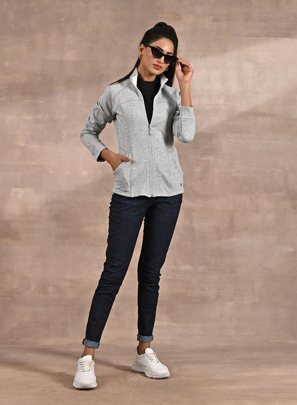 Grey High-Neck Zip-Up Casual Fleece Jacket - Lakshita