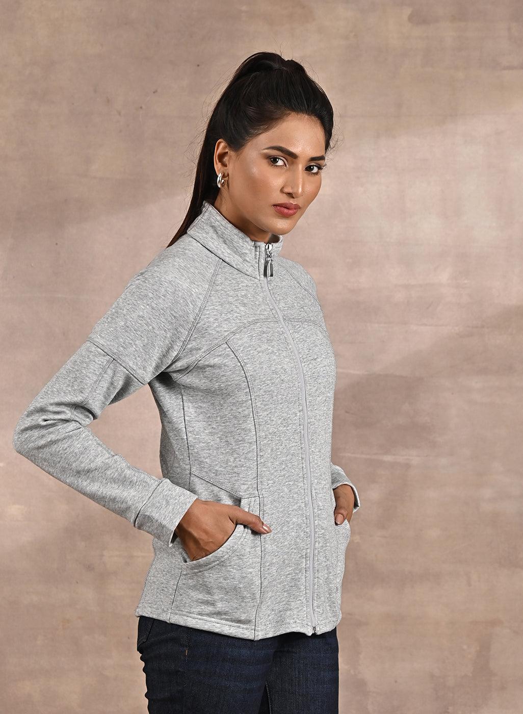 Grey High-Neck Zip-Up Casual Fleece Jacket - Lakshita