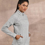 Grey High-Neck Zip-Up Casual Fleece Jacket - Lakshita