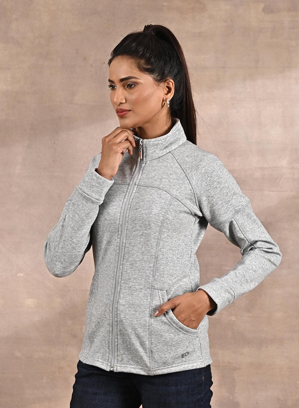 Grey High-Neck Zip-Up Casual Fleece Jacket - Lakshita