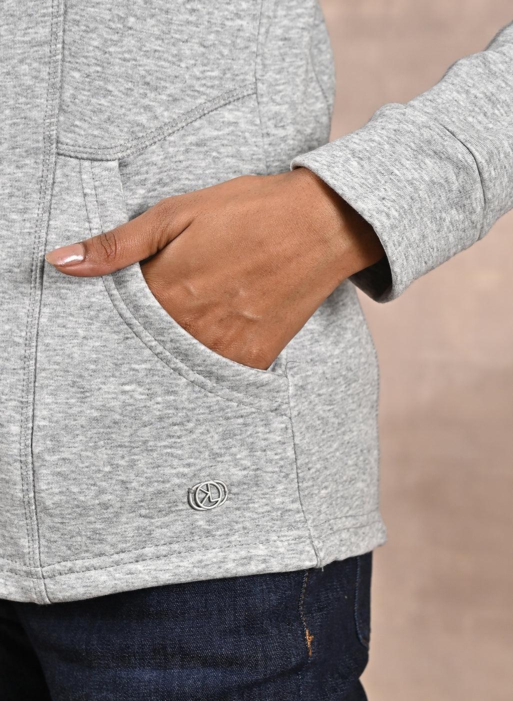 Grey High-Neck Zip-Up Casual Fleece Jacket - Lakshita