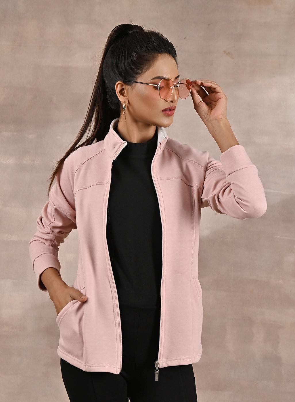 Pink High-Neck Zip-Up Casual Fleece Jacket - Lakshita