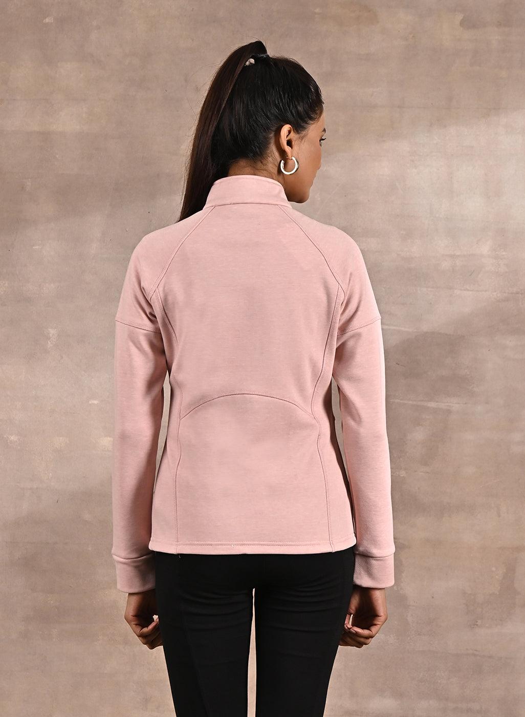 Pink High-Neck Zip-Up Casual Fleece Jacket - Lakshita