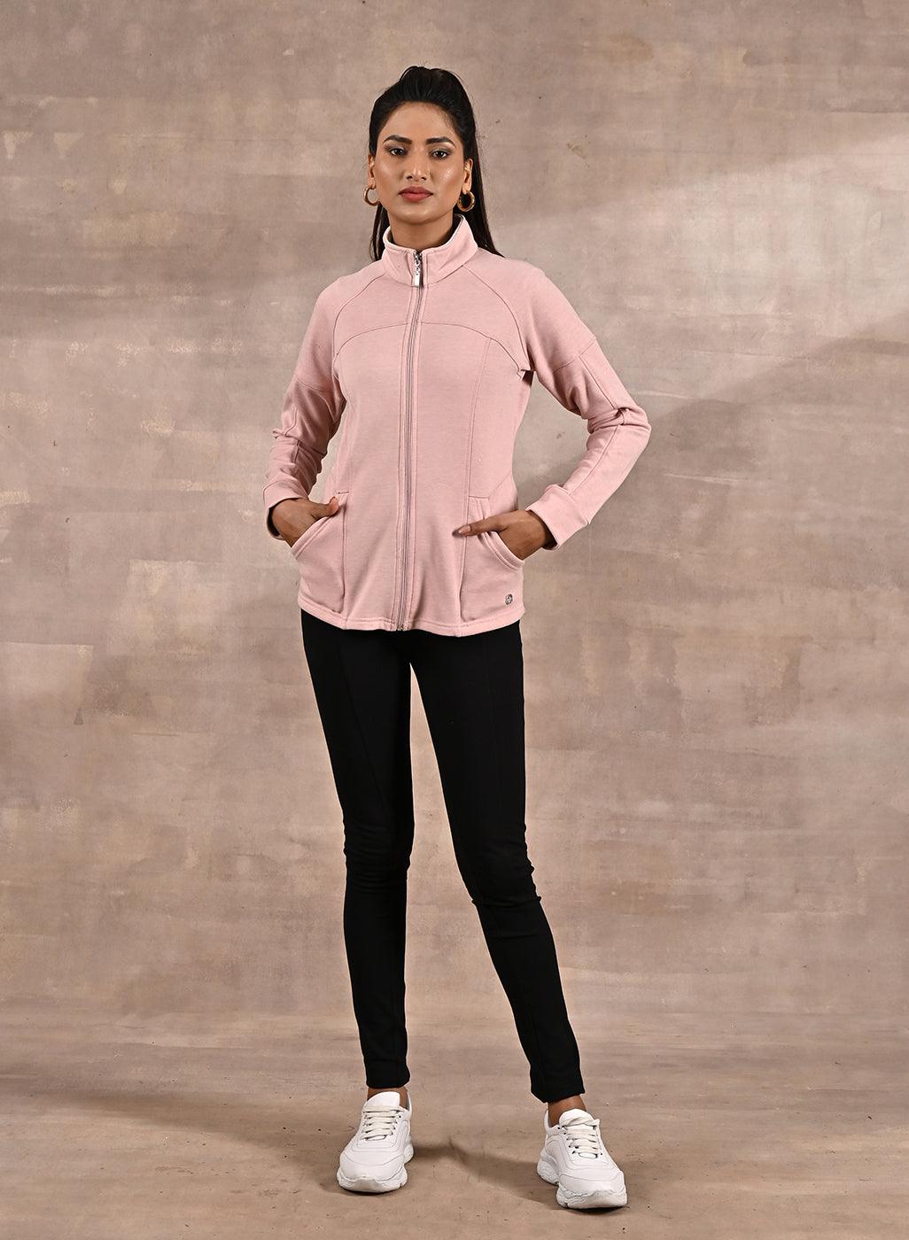 Pink High-Neck Zip-Up Casual Fleece Jacket - Lakshita