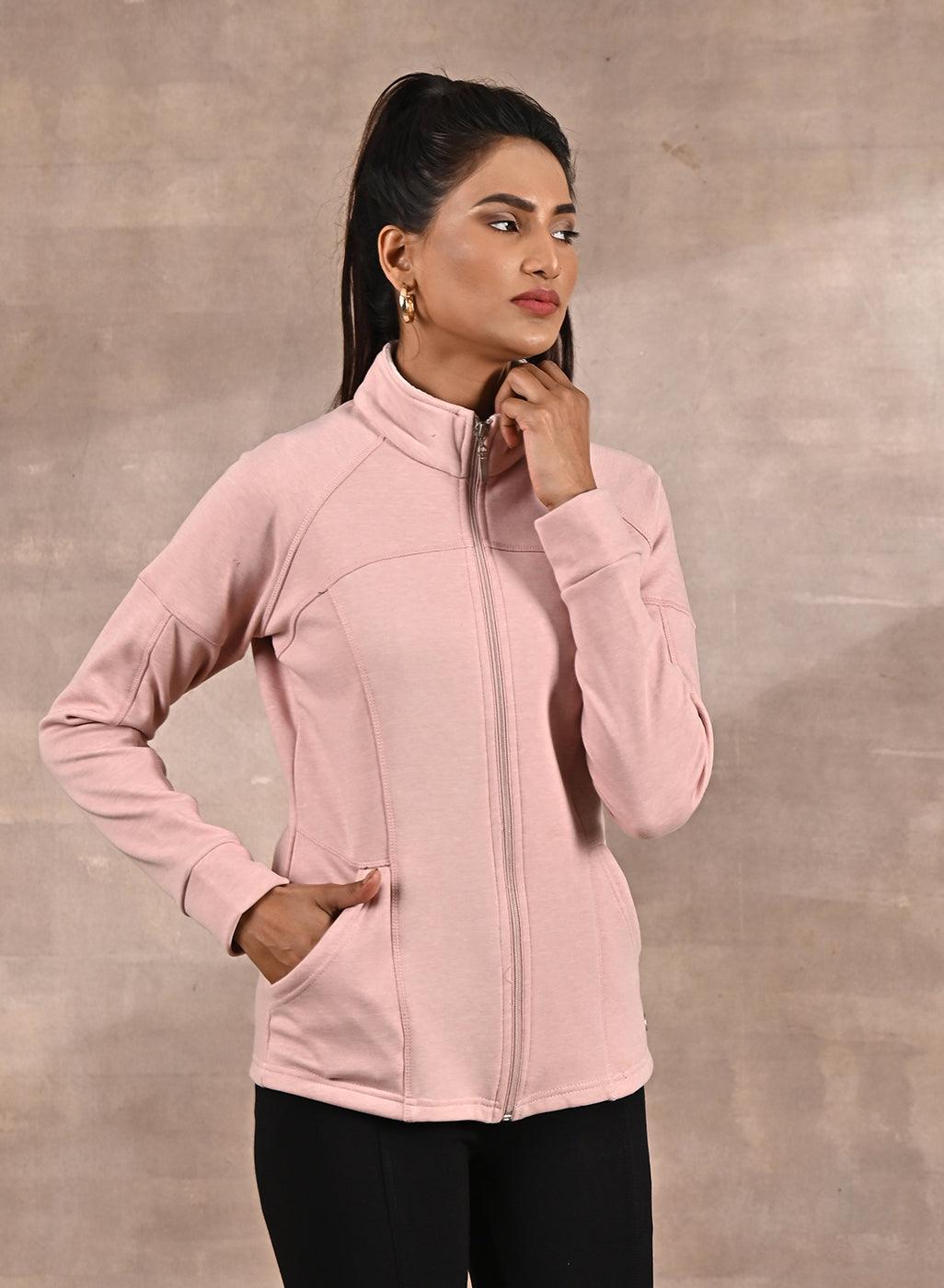 Pink High-Neck Zip-Up Casual Fleece Jacket - Lakshita