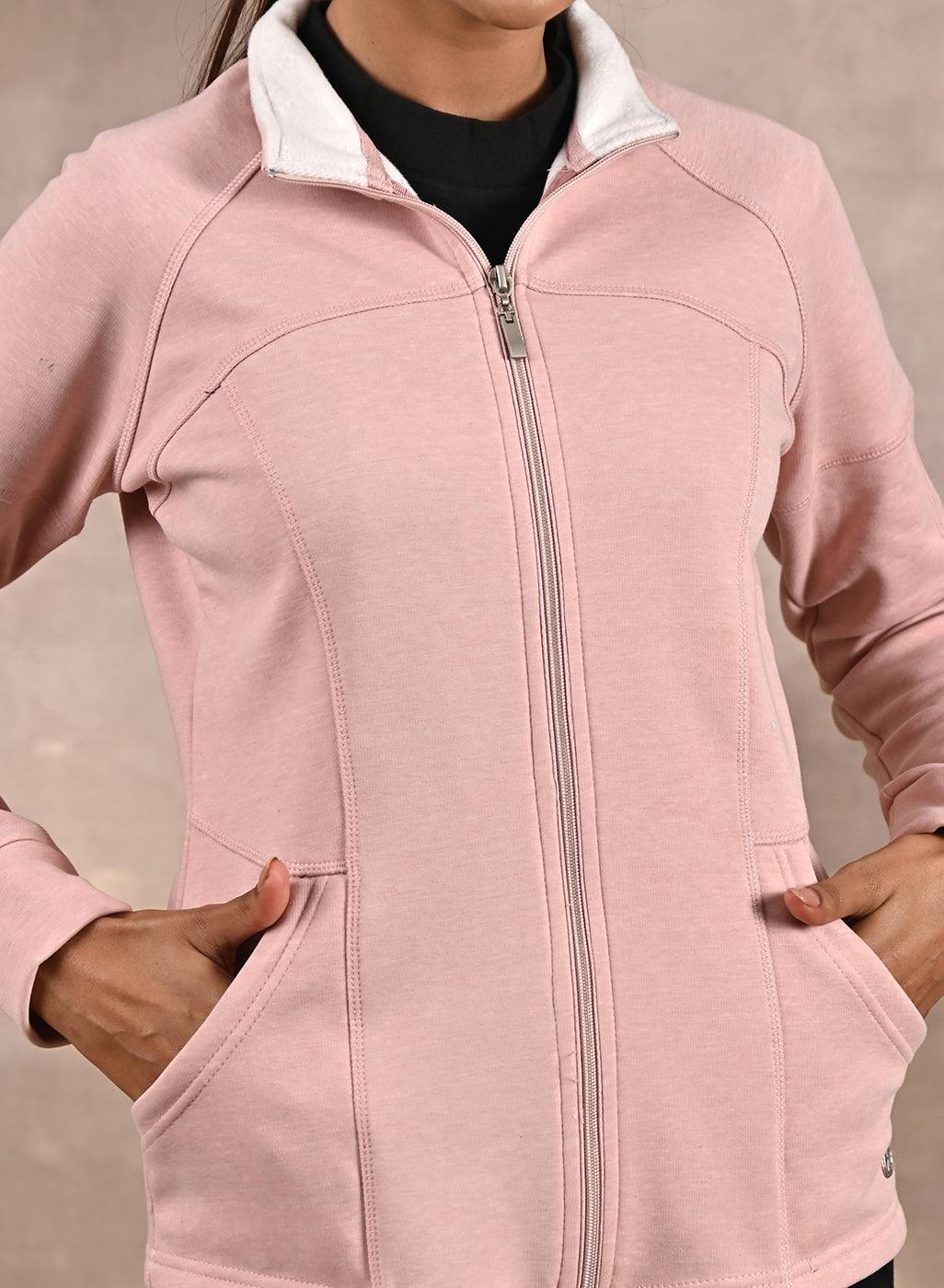 Pink High-Neck Zip-Up Casual Fleece Jacket - Lakshita