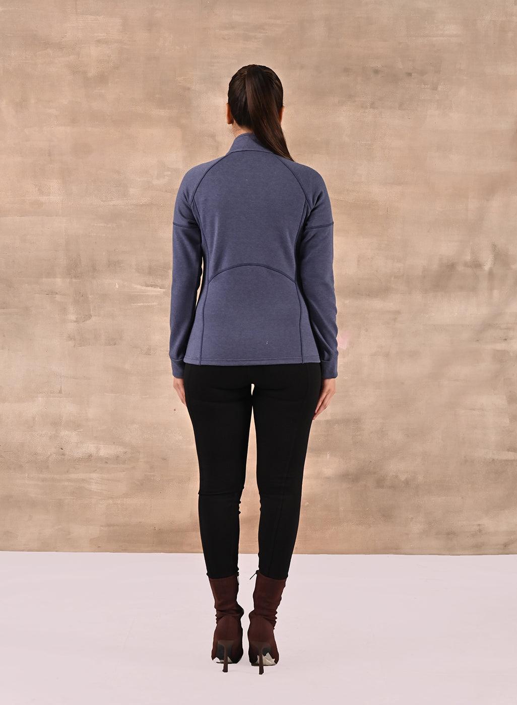 Navy High-Neck Zip-Up Casual Fleece Jacket - Lakshita