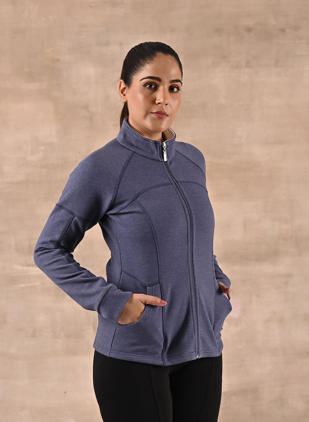 Navy High-Neck Zip-Up Casual Fleece Jacket - Lakshita