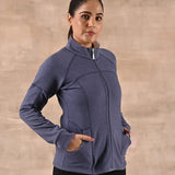 Navy High-Neck Zip-Up Casual Fleece Jacket - Lakshita