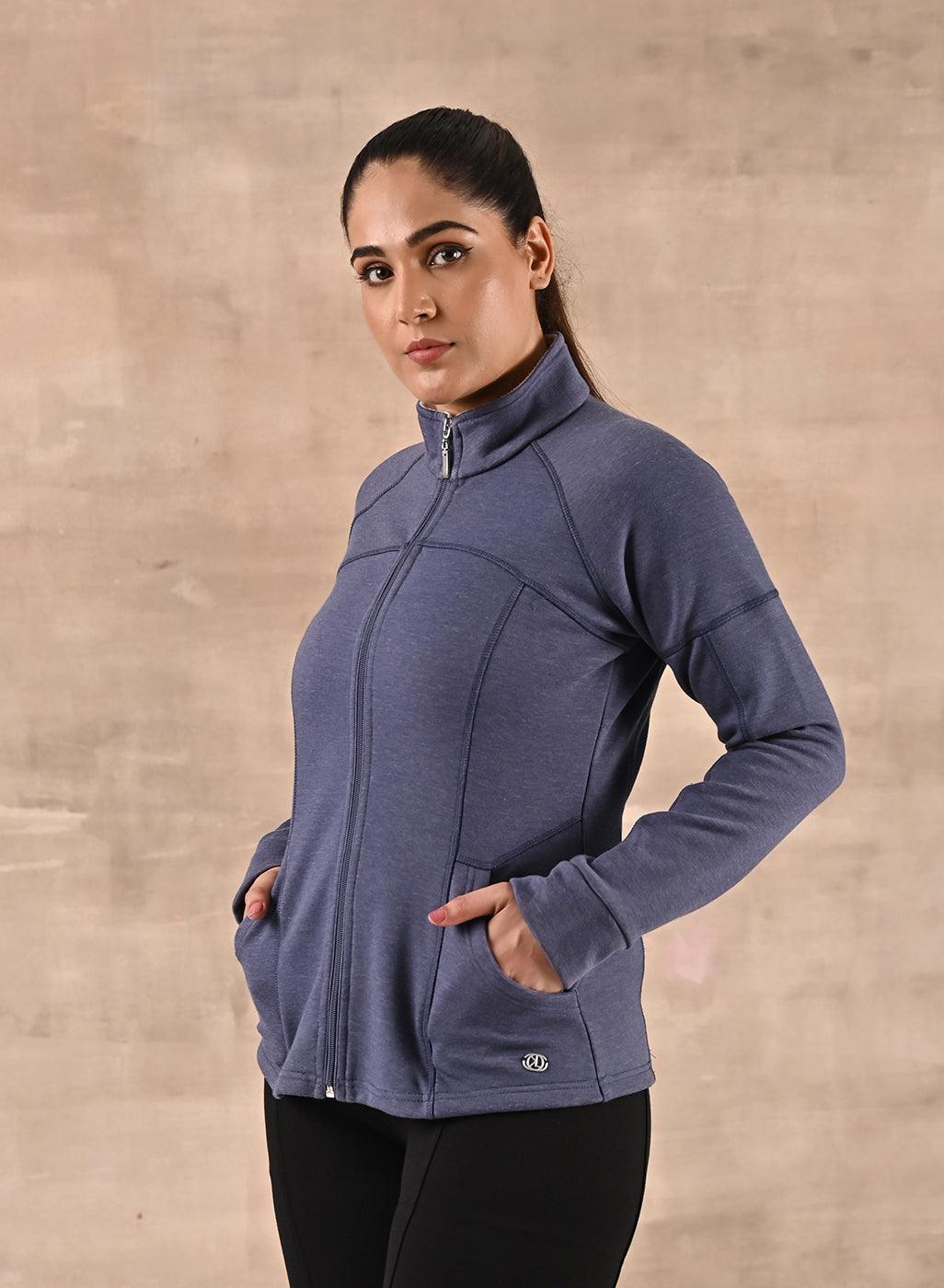 Navy High-Neck Zip-Up Casual Fleece Jacket - Lakshita