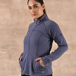 Navy High-Neck Zip-Up Casual Fleece Jacket - Lakshita