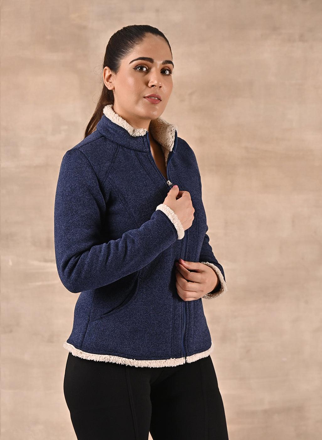 Blue Zip-front High-neck Fleece Jacket with Pockets - Lakshita