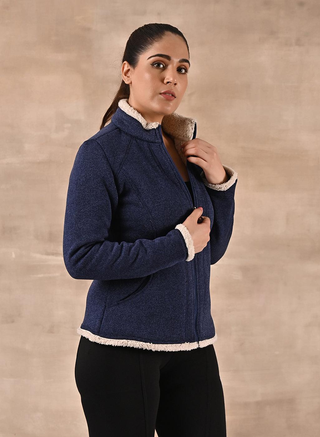 Blue Zip-front High-neck Fleece Jacket with Pockets - Lakshita