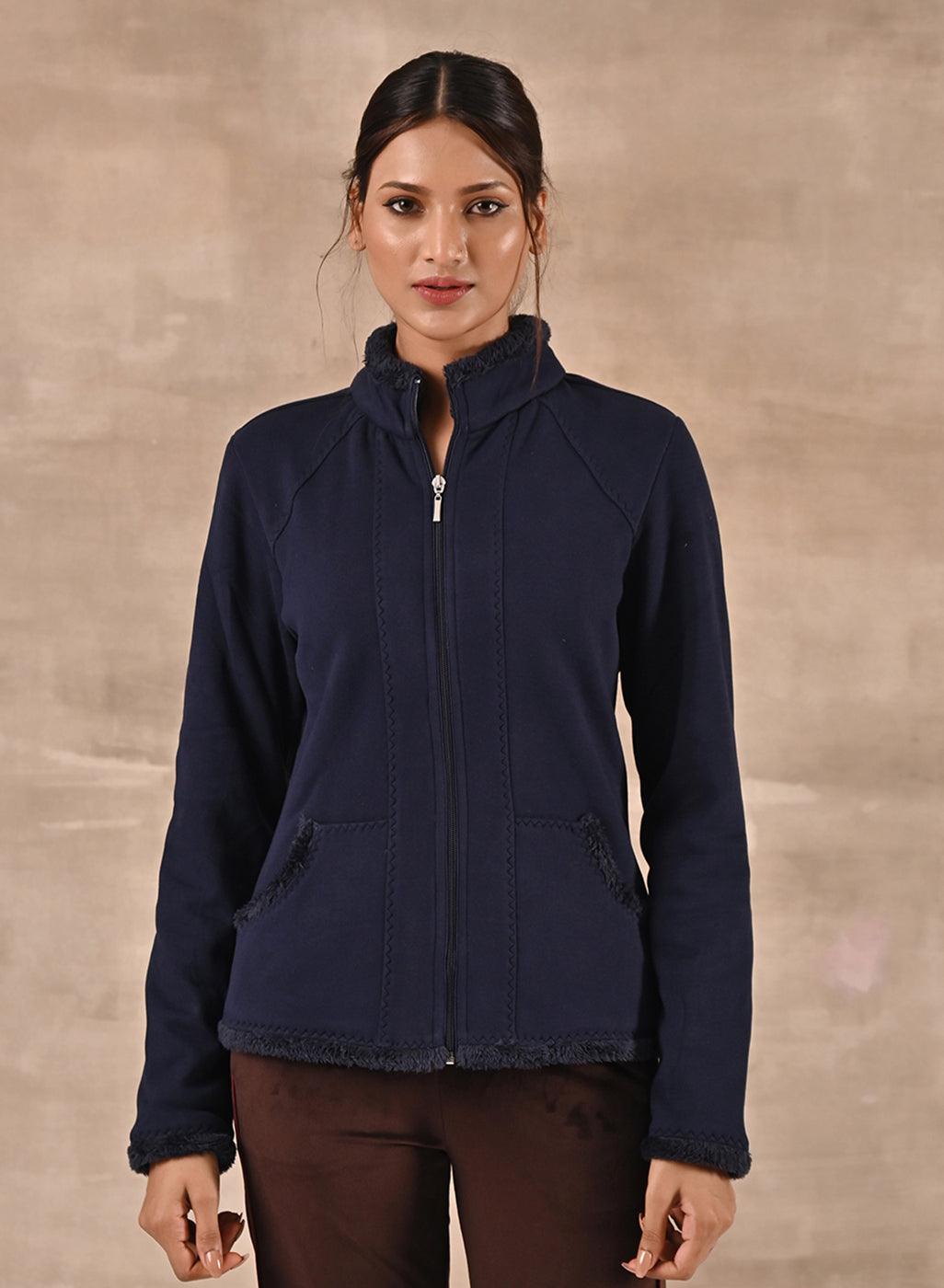 Navy Blue High-neck Jacket with Fur Details - Lakshita