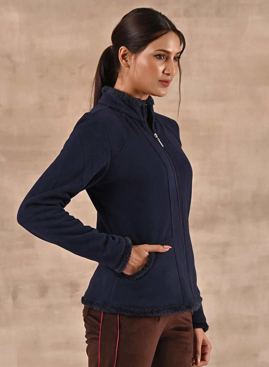 Navy Blue High-neck Jacket with Fur Details - Lakshita