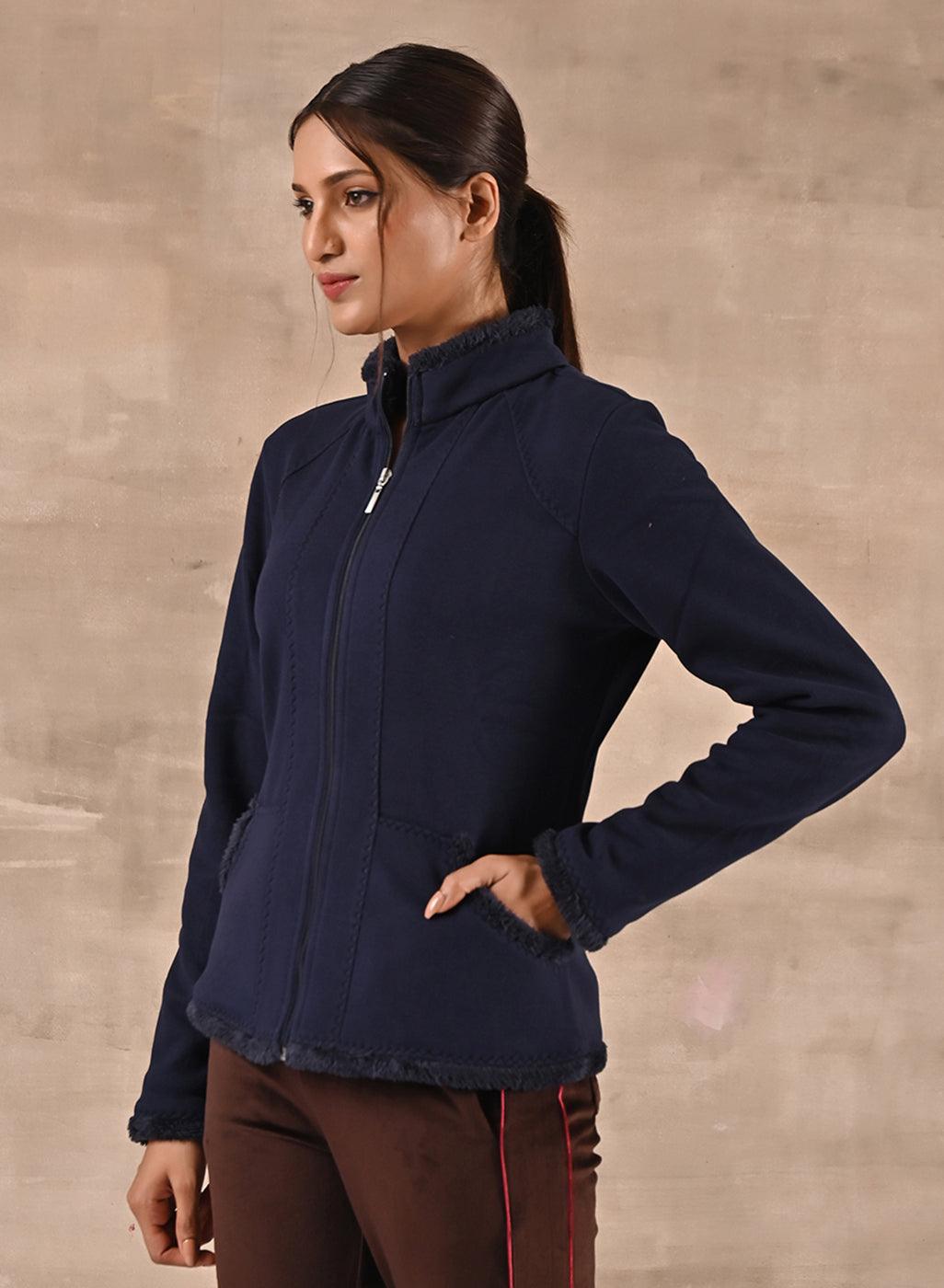 Navy Blue High-neck Jacket with Fur Details - Lakshita