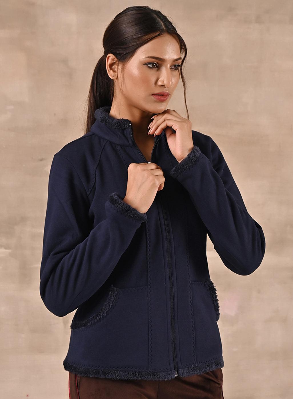 Navy Blue High-neck Jacket with Fur Details - Lakshita