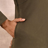 Olive Fleece Full-sleeve Jacket with Quilted Yoke at Front - Lakshita
