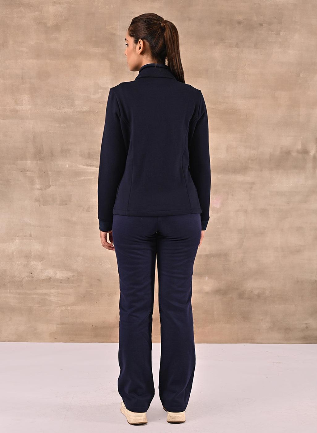 Navy Blue Zip-front High-neck Regular Jacket with Pockets - Lakshita