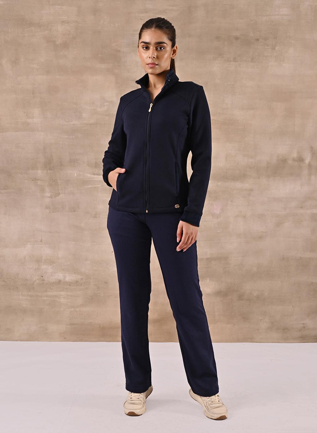 Navy Blue Zip-front High-neck Regular Jacket with Pockets - Lakshita