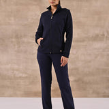 Navy Blue Zip-front High-neck Regular Jacket with Pockets - Lakshita