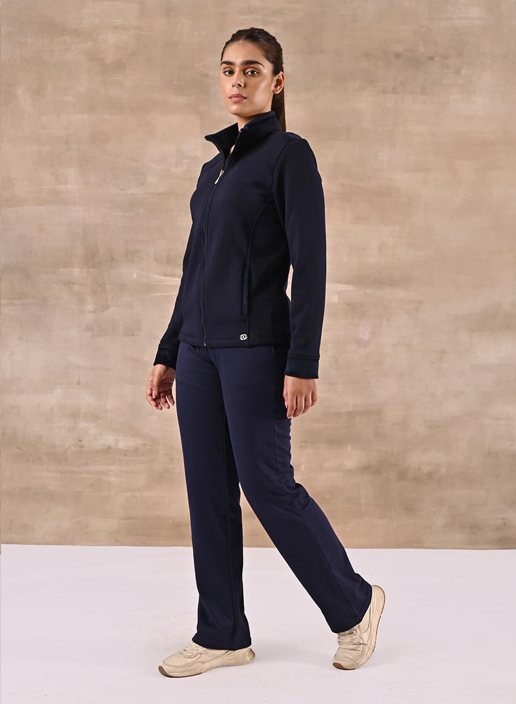 Navy Blue Zip-front High-neck Regular Jacket with Pockets - Lakshita