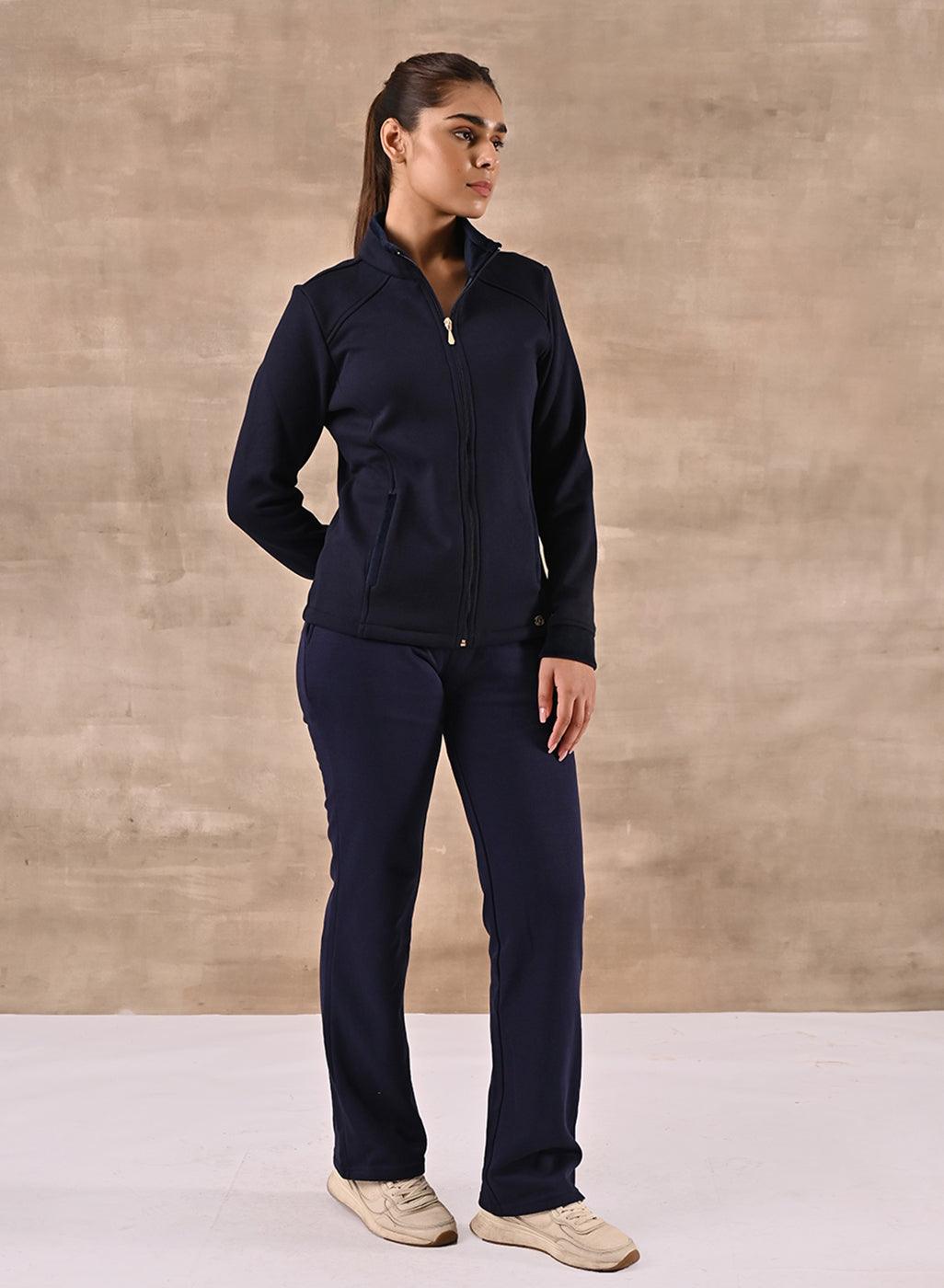 Navy Blue Zip-front High-neck Regular Jacket with Pockets - Lakshita
