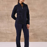 Navy Blue Zip-front High-neck Regular Jacket with Pockets - Lakshita