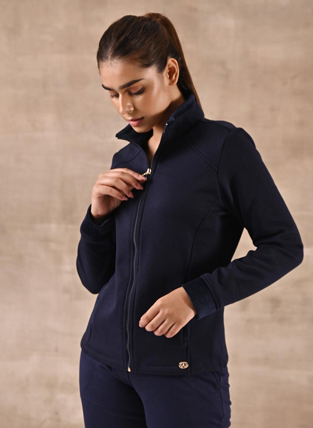 Navy Blue Zip-front High-neck Regular Jacket with Pockets - Lakshita