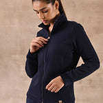Navy Blue Zip-front High-neck Regular Jacket with Pockets - Lakshita