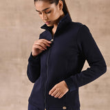 Navy Blue Zip-front High-neck Regular Jacket with Pockets - Lakshita
