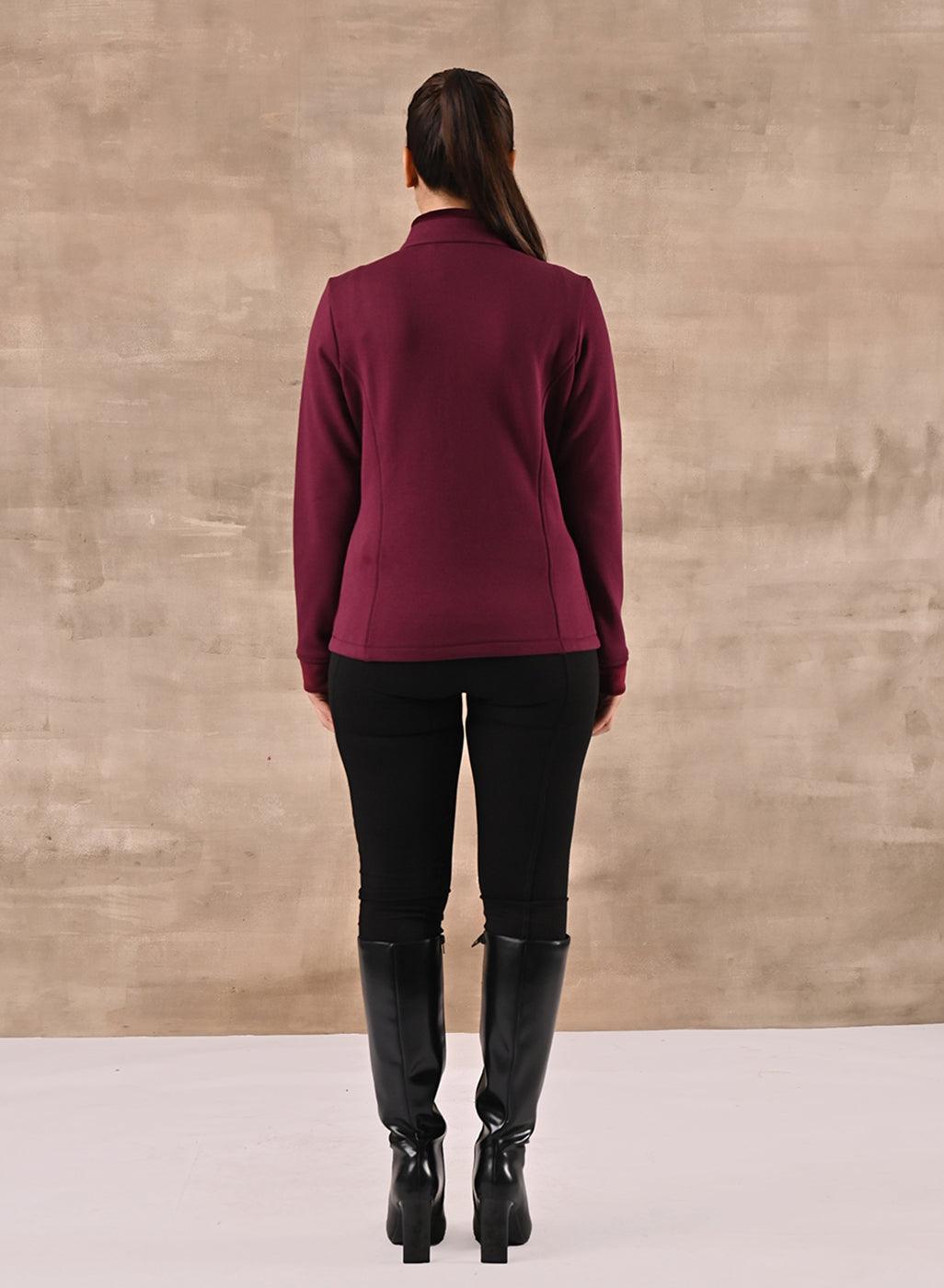 Maroon Zip-front High-neck Regular Jacket with Pockets - Lakshita
