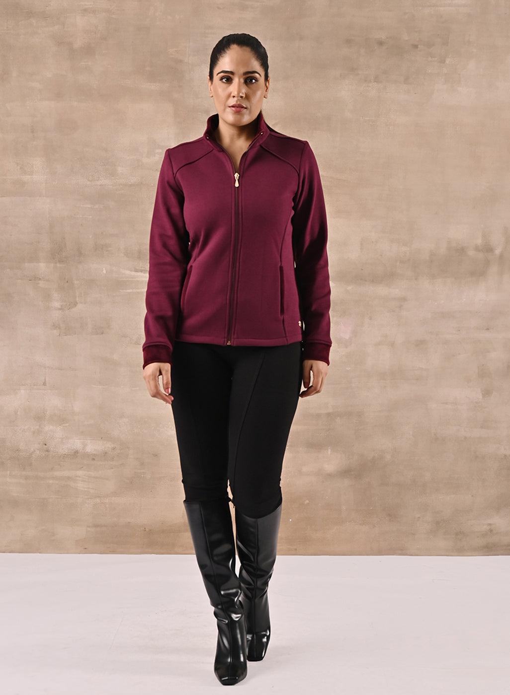 Maroon Zip-front High-neck Regular Jacket with Pockets - Lakshita