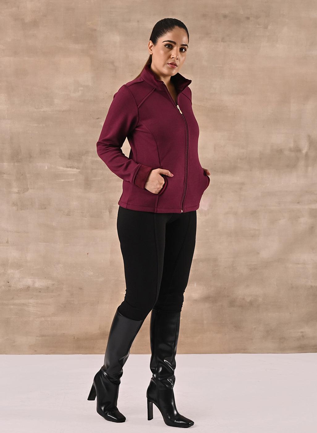 Maroon Zip-front High-neck Regular Jacket with Pockets - Lakshita