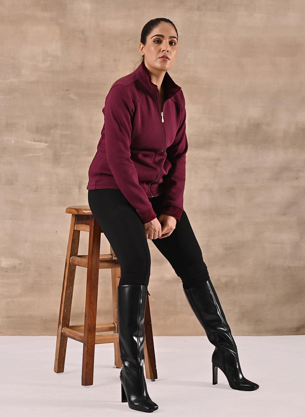 Maroon Zip-front High-neck Regular Jacket with Pockets - Lakshita