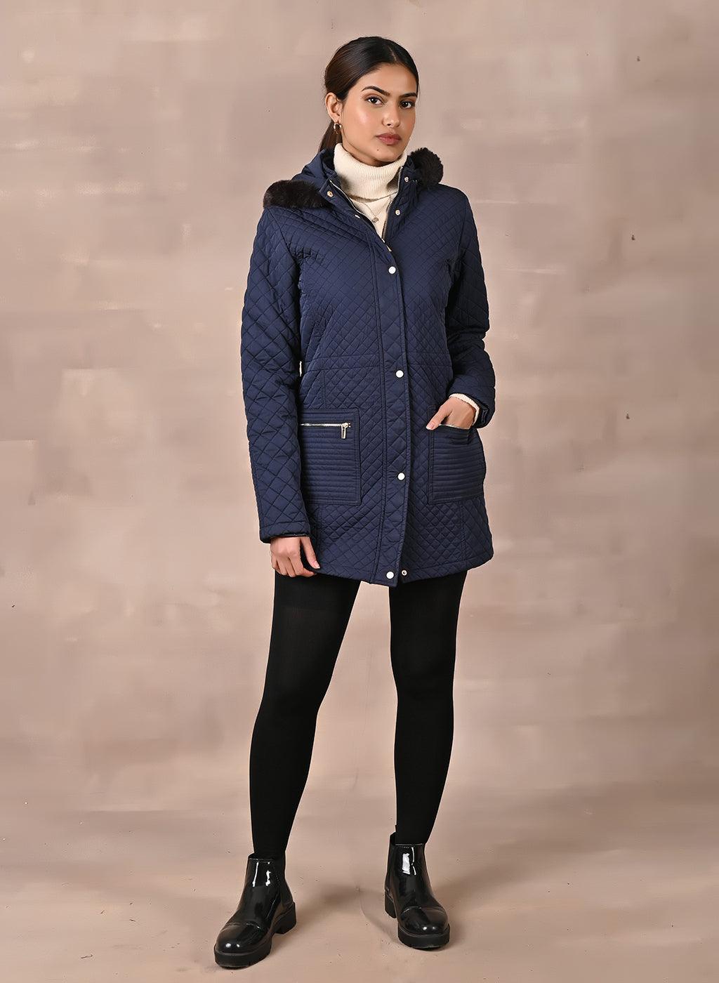 Navy Blue Quilted Jacket with attached Hood - Lakshita