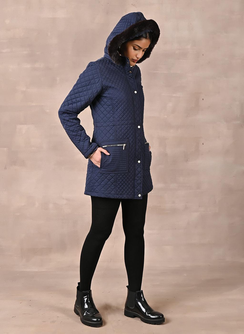 Navy Blue Quilted Jacket with attached Hood - Lakshita