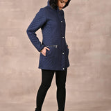 Navy Blue Quilted Jacket with attached Hood - Lakshita