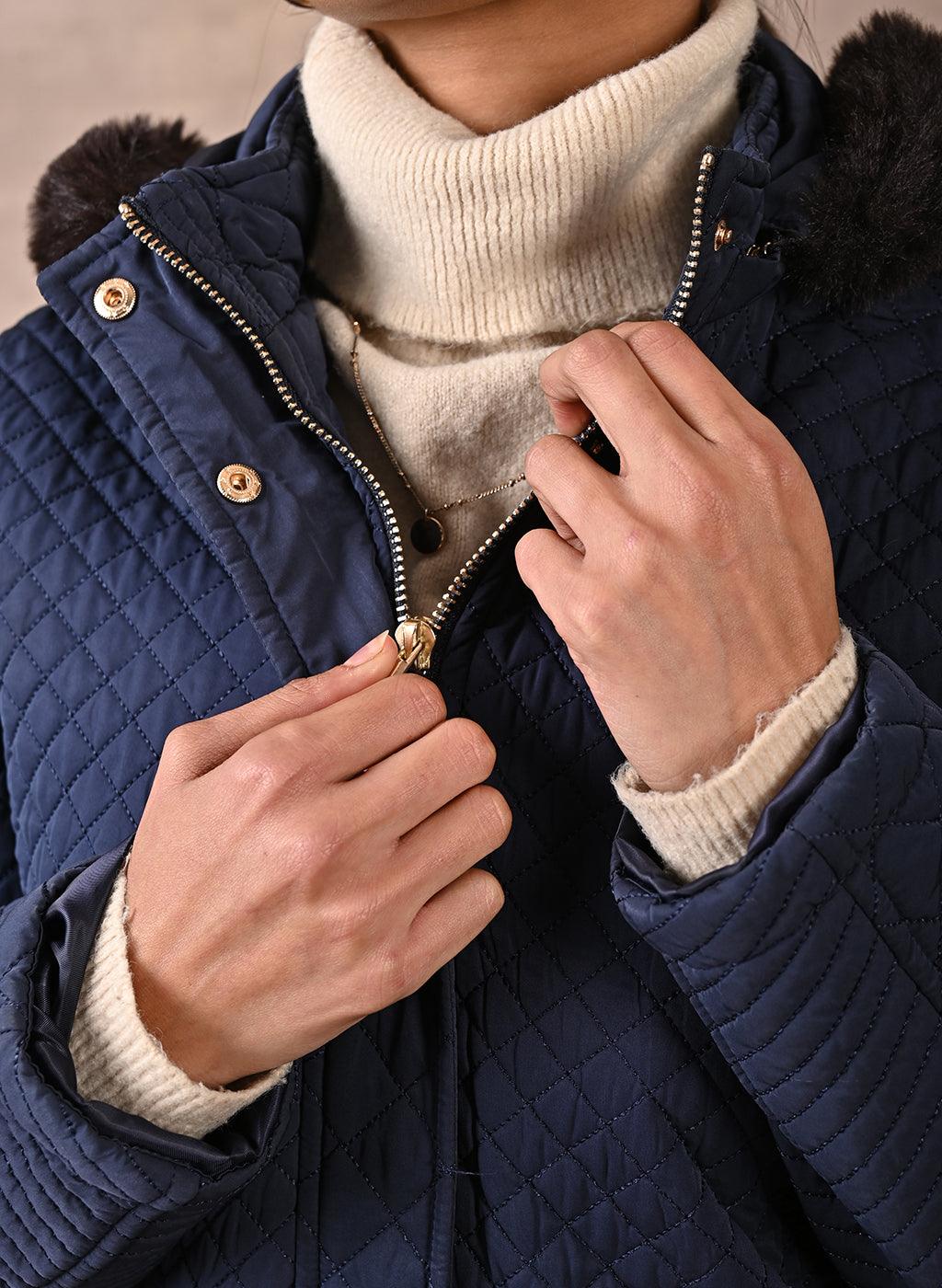 Navy Blue Quilted Jacket with attached Hood - Lakshita