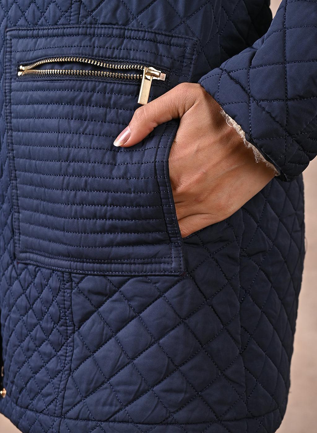 Navy Blue Quilted Jacket with attached Hood - Lakshita