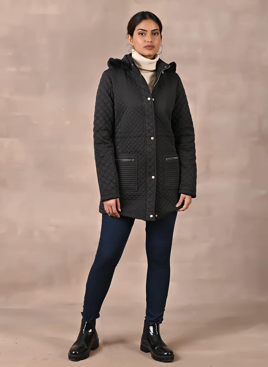 Black Quilted Jacket with attached Hood - Lakshita