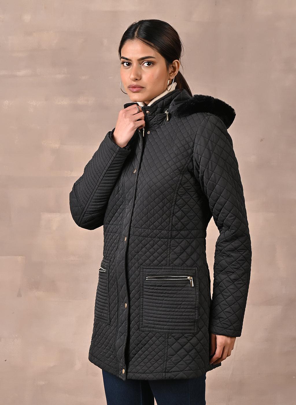 Black Quilted Jacket with attached Hood - Lakshita