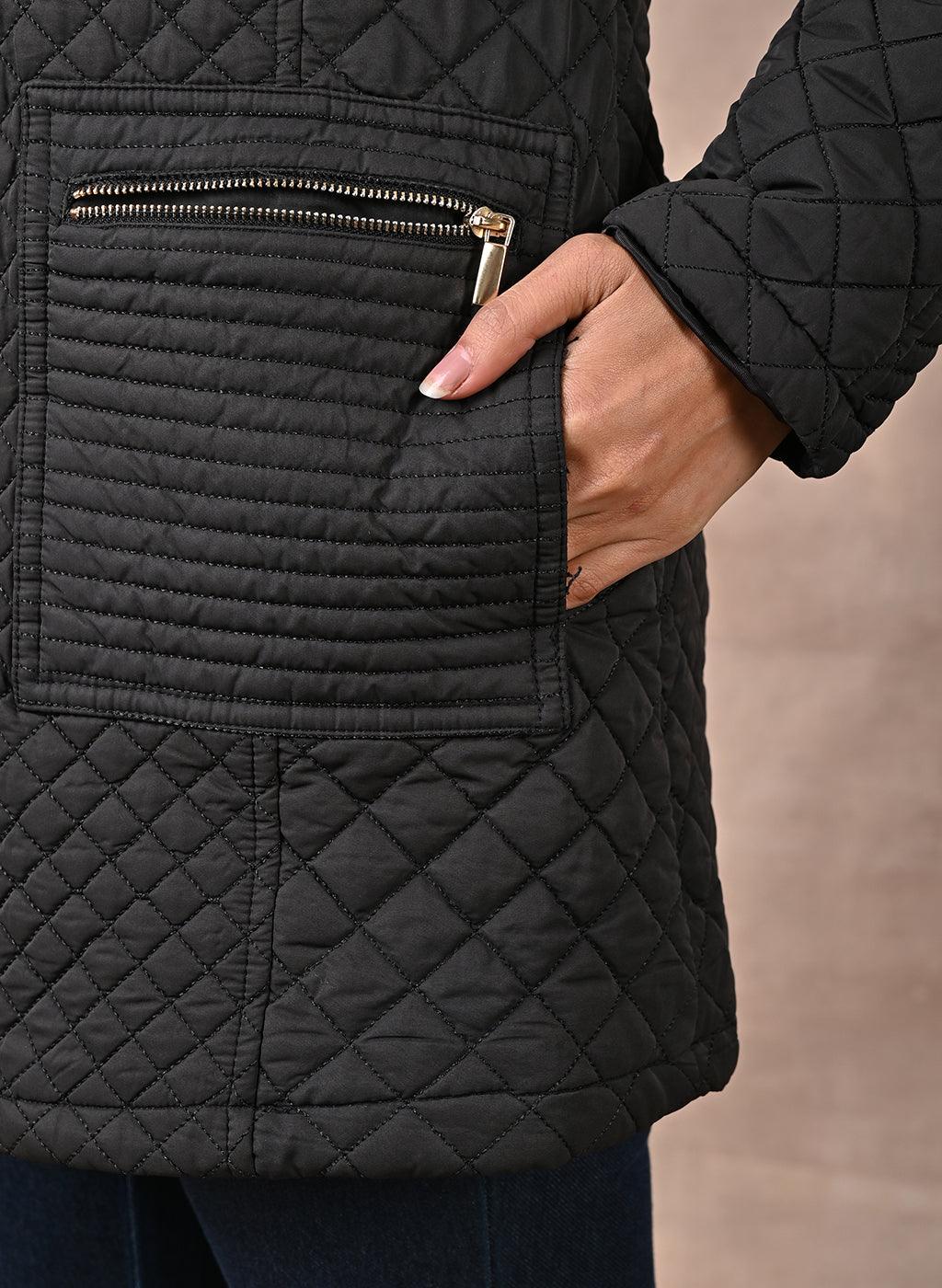 Black Quilted Jacket with attached Hood - Lakshita