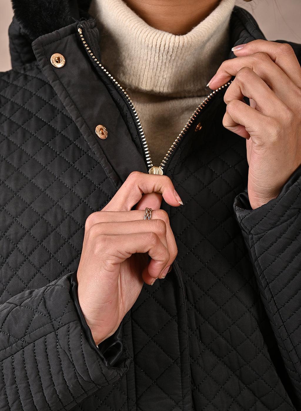 Black Quilted Jacket with attached Hood - Lakshita