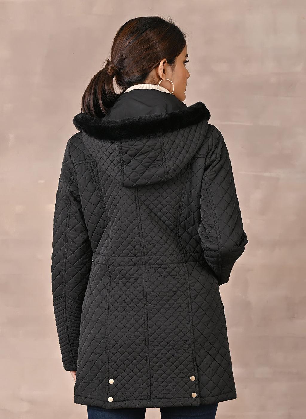 Black Quilted Jacket with attached Hood - Lakshita