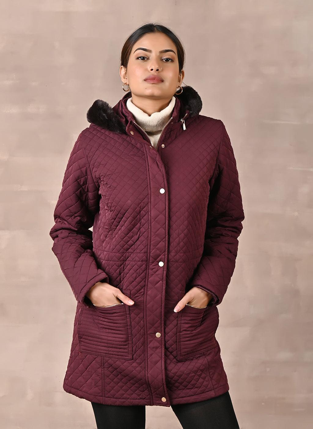 Maroon Quilted Jacket with attached Hood - Lakshita