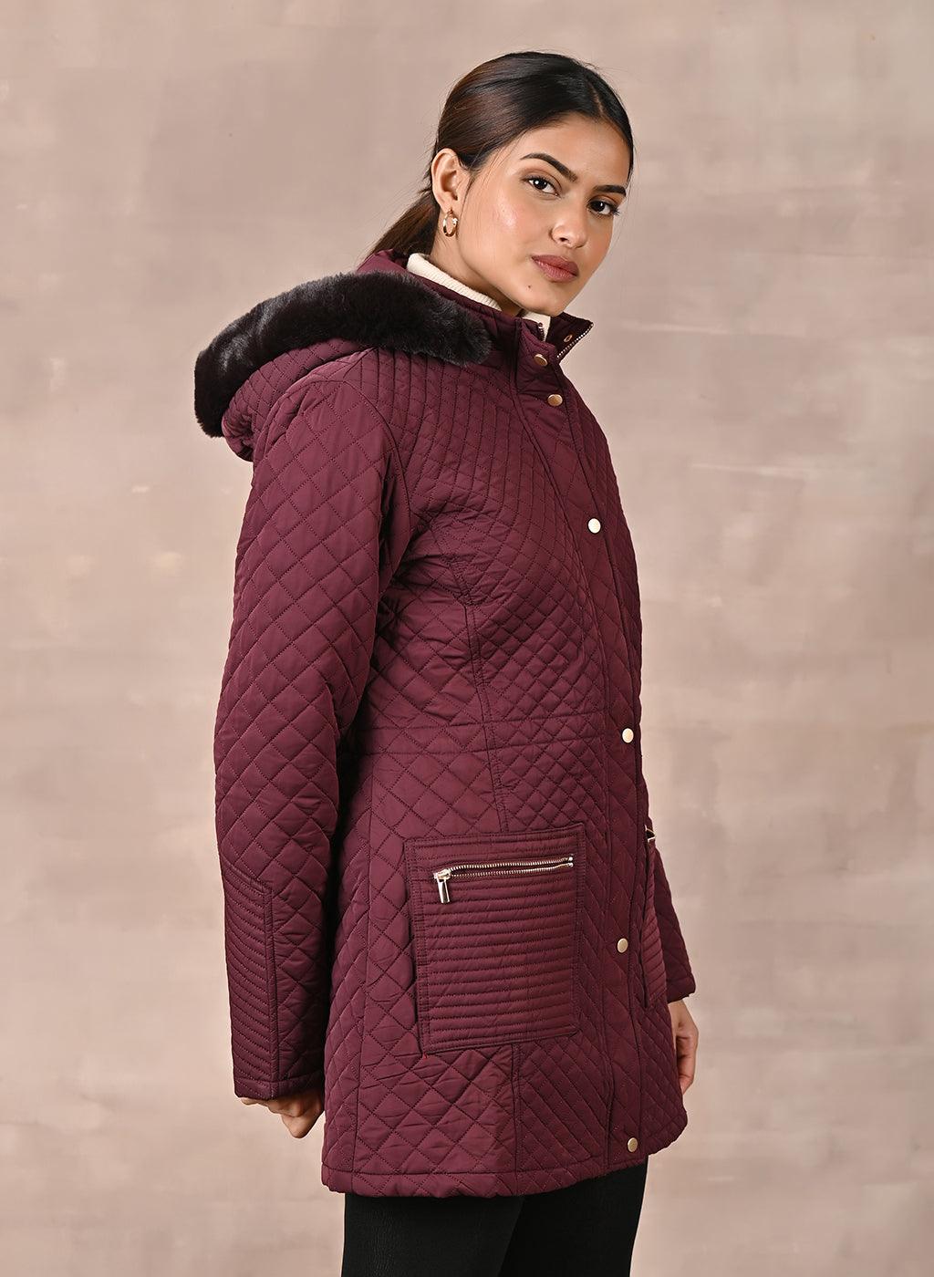 Maroon Quilted Jacket with attached Hood - Lakshita