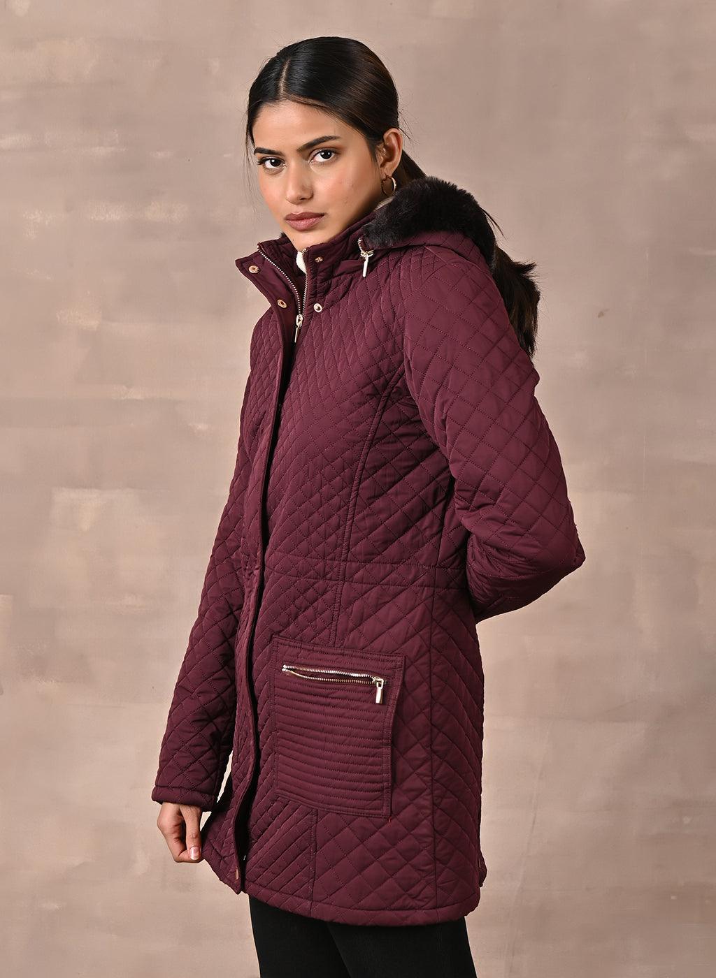 Maroon Quilted Jacket with attached Hood - Lakshita